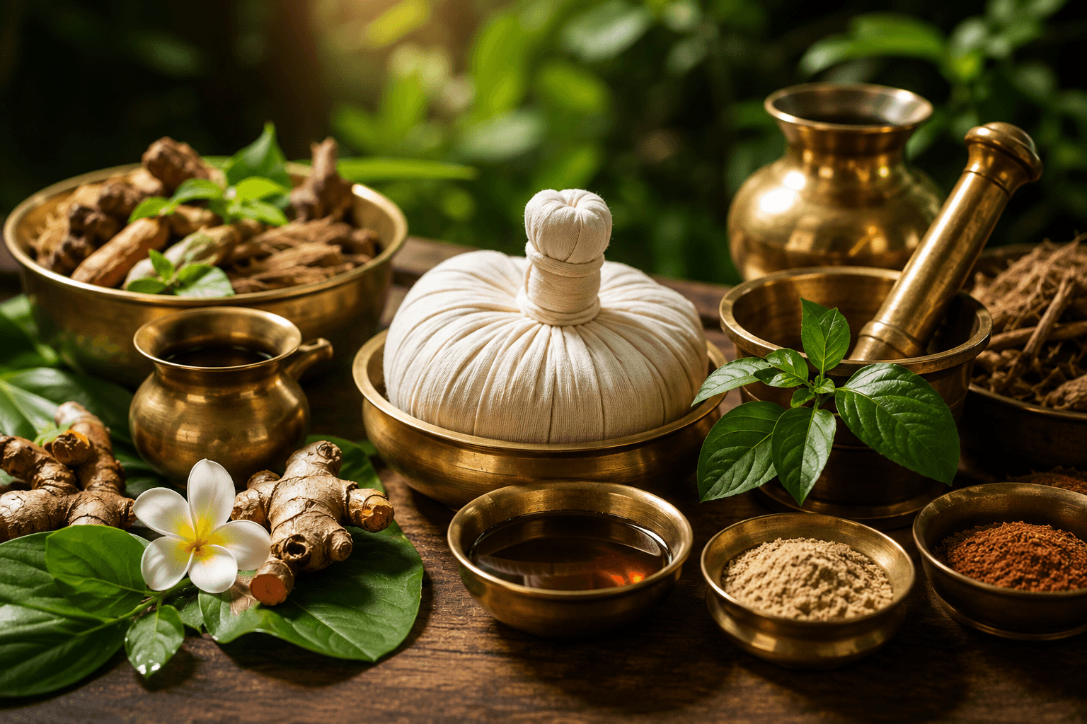 Traditional Ayurvedic therapy tools, herbal oils and potli